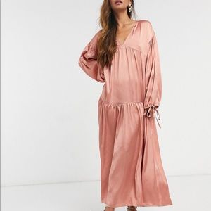 ASOS Pink Satin Tiered Trapeze Smocked Midi Dress